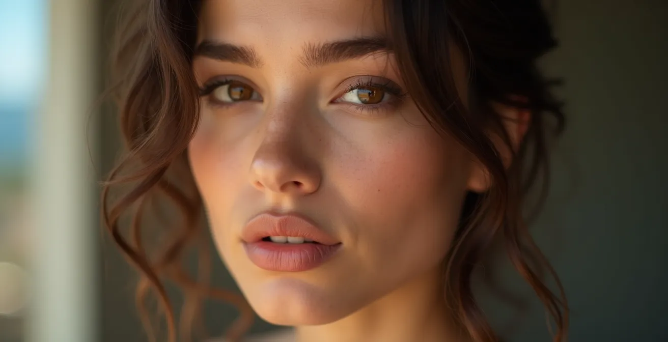 Visage de femme à la peau sensible, lisse et lumineuse, sourire apaisé, éclairage doux