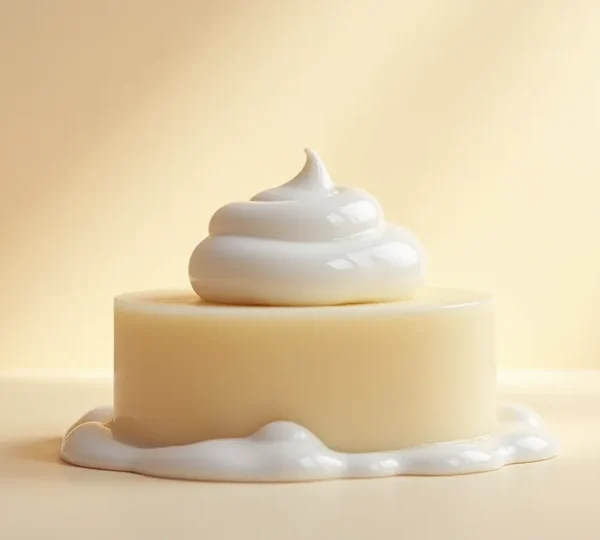 Gros plan sur un savon blanc artisanal au lait de chèvre posé sur un fond doux crème neutre avec de la mousse légère et naturelle