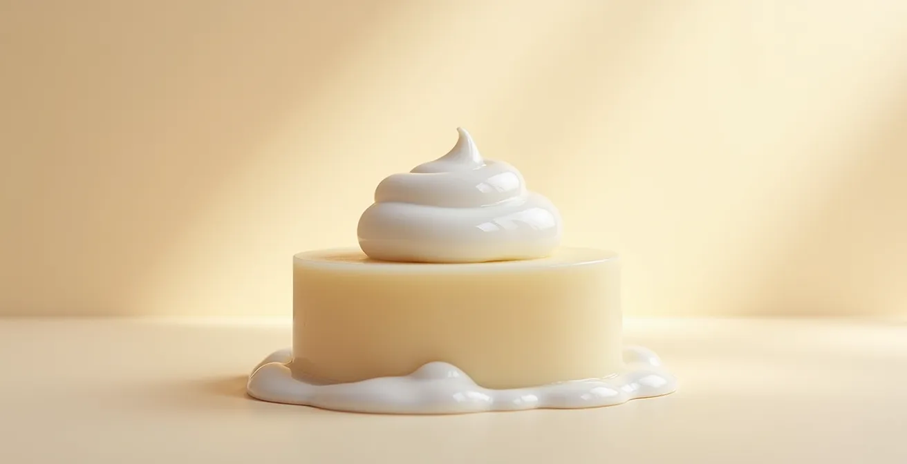 Gros plan sur un savon blanc artisanal au lait de chèvre posé sur un fond doux crème neutre avec de la mousse légère et naturelle