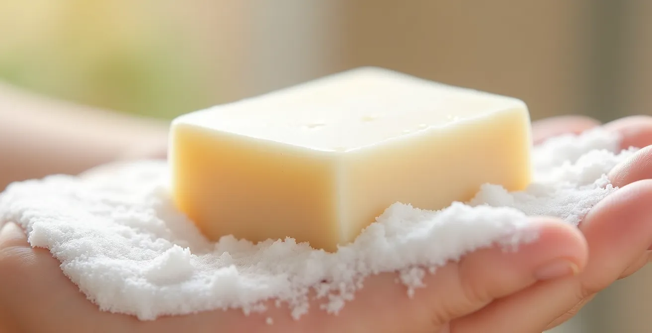 Gros plan sur une mousse légère et onctueuse de savon au lait de chèvre sur la peau