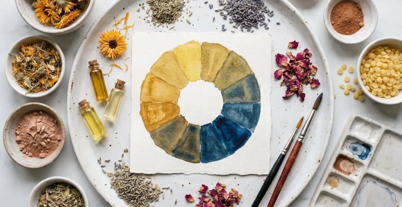 Représentation visuelle du cercle chromatique montrant l'opposition entre le jaune et le bleu sur fond naturel