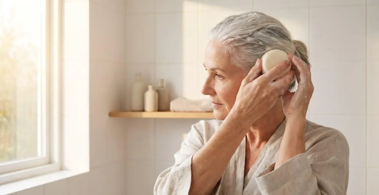 Femme aux cheveux blancs naturels appliquant un soin capillaire solide sous une lumière naturelle douce dans une salle de bain épurée