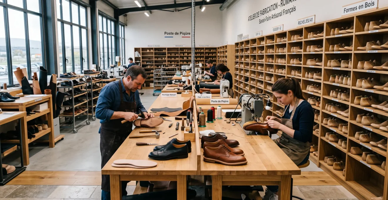 Atelier de fabrication de chaussures français à Romans-sur-Isère avec rangées de formes en bois et outils traditionnels sur établi