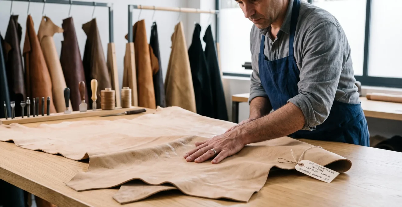 Main de professionnel tanneur examinant texture d'une peau de cuir pleine fleur naturel dans atelier français avec autres peaux en arrière-plan