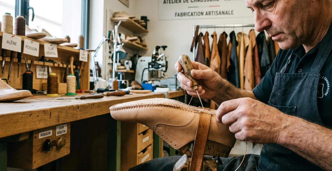 Mains d'artisan chausseur réalisant une couture sellier sur chaussure en cuir montée sur forme bois dans atelier français traditionnel