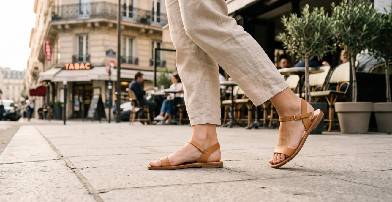 Pieds féminins portant sandales minimalistes en cuir camel marchant sur pavés urbains français dans ambiance lifestyle contemporaine